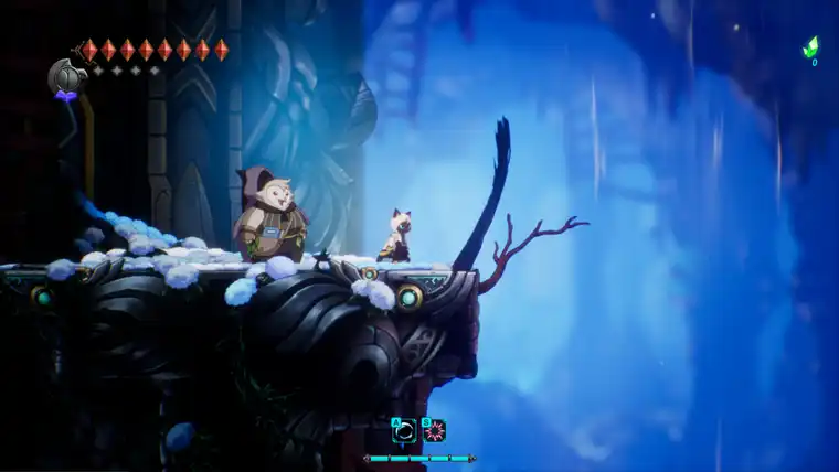 A snow-covered creature above frozen blue terrain