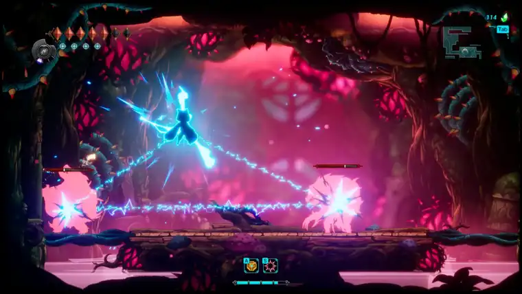 Kisha fighting amid magenta beams in a corrupted cavern