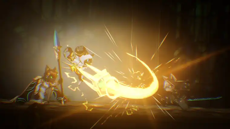 A golden claw strike sweeping across armoured figures